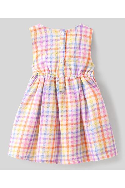 Babyhug Babyhug Seer Sucker Woven Sleeveless Frock With Bow Detailing Checkered - Multicolour