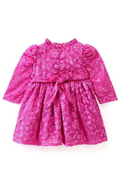 Babyhug Babyhug Full Sleeves Textured Fabric Party Frock with Bow Applique  - Fuchsia