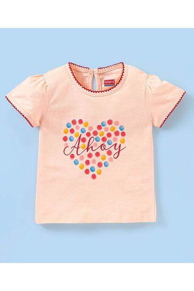 Babyhug Babyhug 100% Cotton Knit Half Sleeve Top & Skirt Set Bow Applique & Polka Dots Print-Peach & White