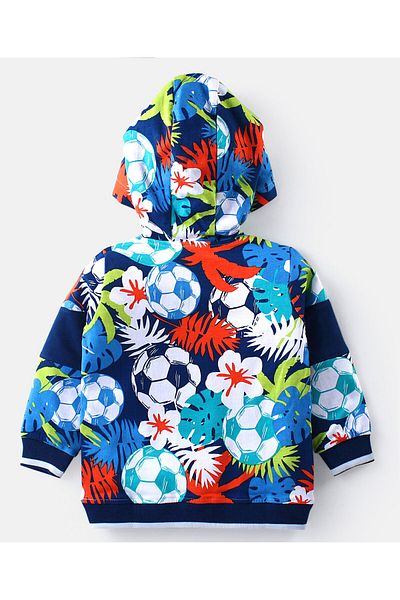 Babyhug Babyhug Cotton Knit Full Sleeves Hooded Sweatshirt with Tropical Theme & Text Puff Print - Navy Blue