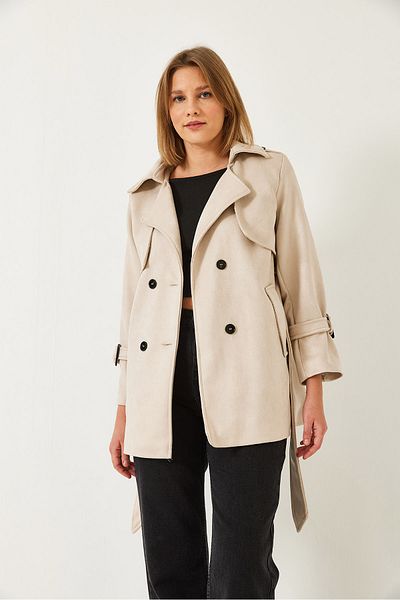 Bianco Lucci Damen-Trenchcoat aus Wildleder mit Ärmelgürtel und detailliertem Gürtel 2632 60351319