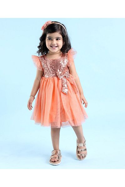 Babyhug Babyhug Flutter Sleeves Sequinned Party Frock with Bow Applique - Peach