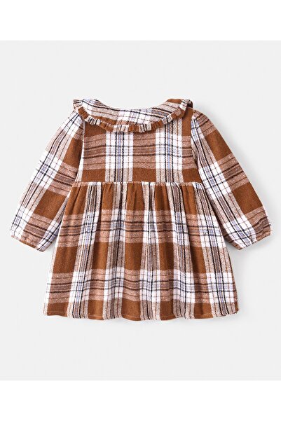 Bonfino Bonfino Cotton Blend Full Sleeves Checked Dress With Front Floraal Embroidery Detail-Brown