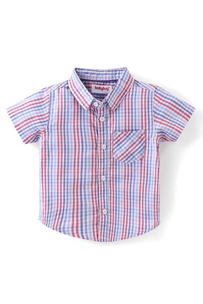 Babyhug Babyhug Cotton Knit Half Sleeves Checks Shirt & Denim Shorts Set  - Multicolour