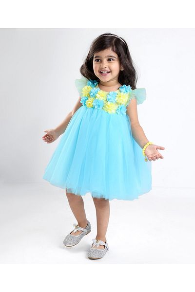 Babyhug Babyhug Flutter Sleeves with Floral Applique in Yoke Party Frock - Light Blue
