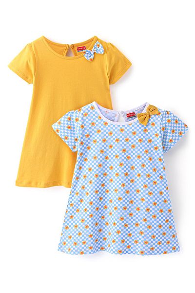 Babyhug Babyhug Cotton Knit Half Sleeves Frocks with Applique & Floral Print Pack of 2 - Yellow & Blue