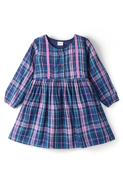 Babyhug Babyhug Cotton Woven Full Sleeves Yard Dyed Checkered Frock - Blue