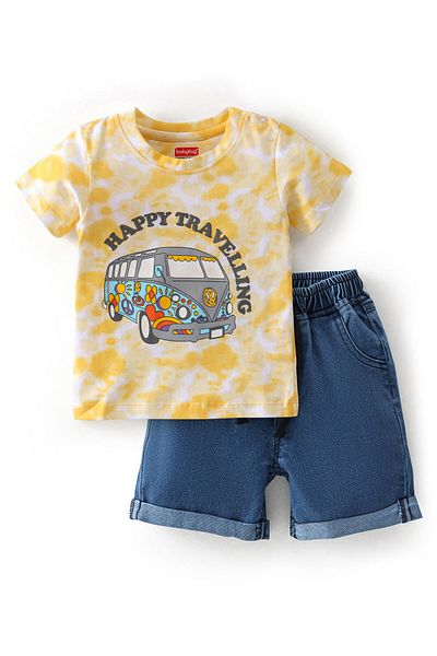 Babyhug Babyhug Half Sleeves Tie Dye T-Shirt & Denim Shorts Set Bus Print - Yellow & Blue