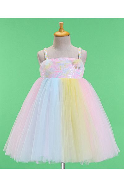 Babyhug Babyhug Sleeveless Party Frock With Mesh & Sequine Detailing - Pink Yellow & Blue