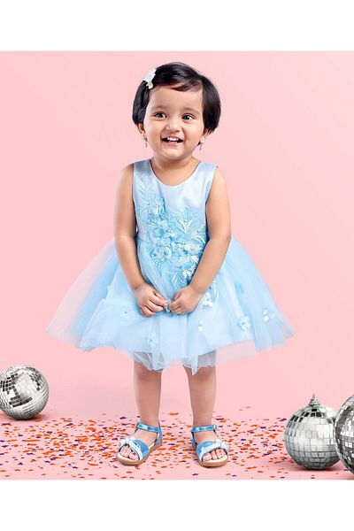 Babyhug Babyhug Floral Embroidery Party Frock - Light Blue