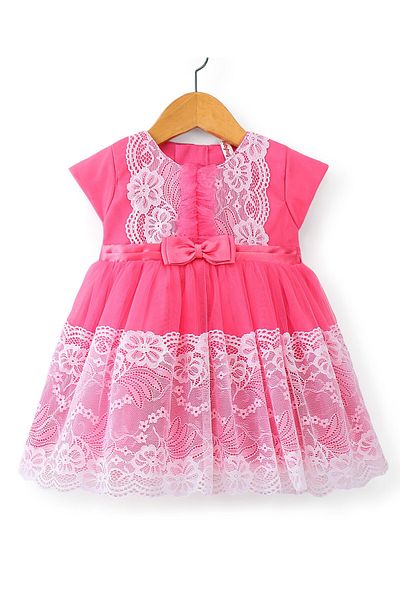 Babyhug Babyhug Cap Sleeves Lace & Mesh Detailing with Bow Party Frock - Candy Pink