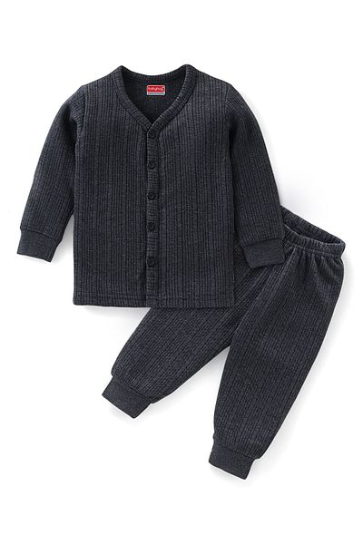 Babyhug Babyhug Cotton Full Sleeves Front Open Thermal Vest And Leggings - Black Grey