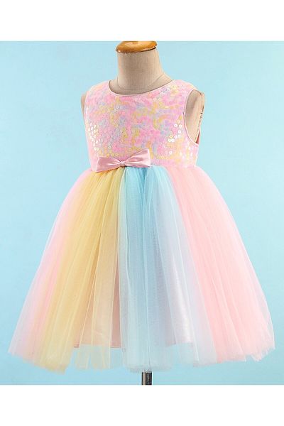 Babyhug Babyhug Sleeveless Sequinned Party Frock with Bow Applique - Pink Yellow & Blue