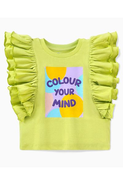 Ollington St. Ollington St. 100% Cotton Flared Sleeves Top with Chest Print & High Waist Shorts - Green & Beige