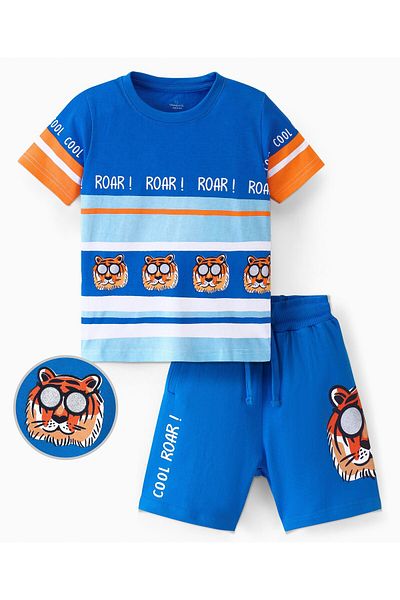 Ollington St. Ollington St. 100% Cotton Knit Half Sleeves T-Shirt & Shorts Set Tiger Print - Multicolor & Blue