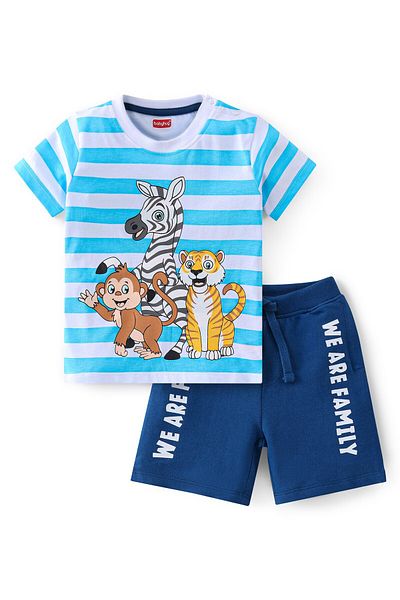 Babyhug Babyhug Cotton Knit Half Sleeves Striped T-Shirt & Shorts Set Zebra Print - Blue