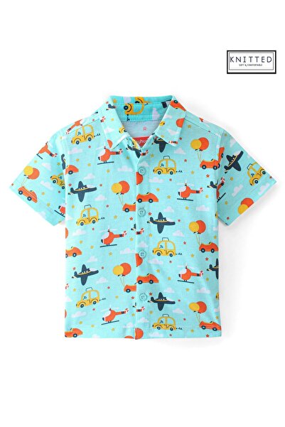 Babyhug Babyhug Knitted Half Sleeve Regular Collar Vehicles Printed Shirt - Blue