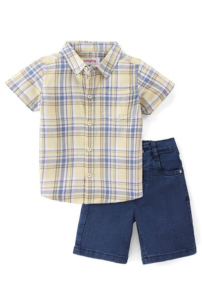 Babyhug Babyhug 100% Cotton Woven Half Sleeves Checked Shirt & Shorts - Yellow & Blue