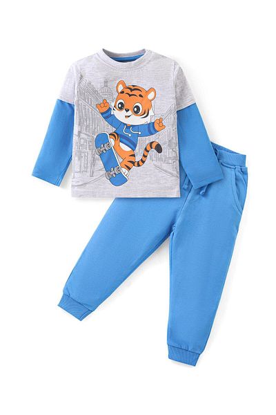 Babyhug Babyhug T-Shirt and Lounge Pants Set with Animal Print - Blue