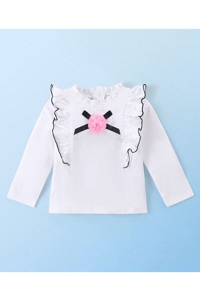 Babyhug Babyhug Cotton Knit Full Sleeves  Winter Top With Frill & Floral Applique - White