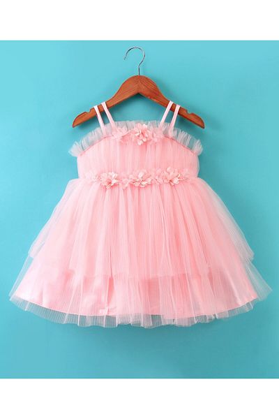 Babyhug Babyhug Sleeveless Pleated Net Party Frock with Floral Applique - Peach