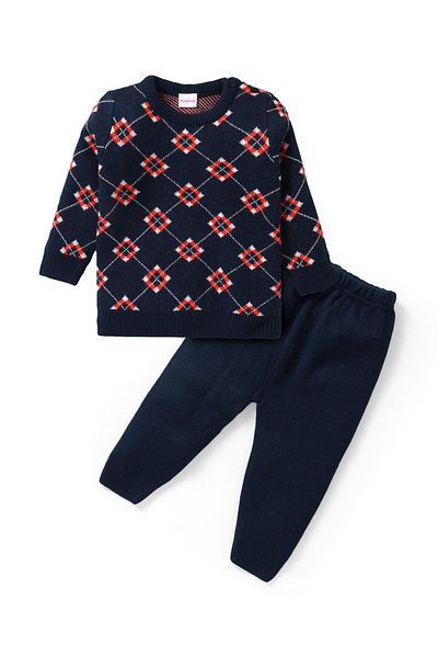Babyhug طقم سويت شيرت وبنطلون بأكمام كاملة من Babyhug Knit - أزرق داكن