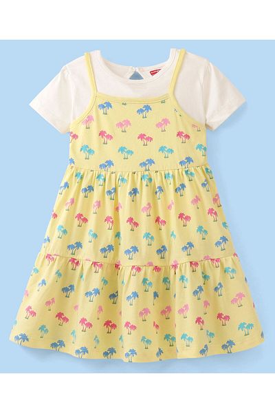 Babyhug Babyhug 100% Cotton Knit Frock With Half Sleeves Inner Tee Palm Tree Print - Yellow & White
