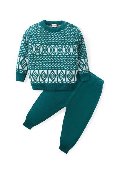 Babyhug Babyhug Knitted Full Sleeves Pullover Sweater Set with Aztec Design  - Green