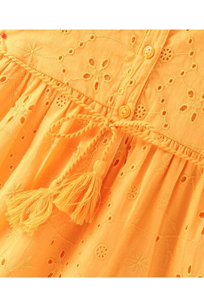 Babyhug Babyhug Cotton Woven Half Sleeves Frock with Schiffli Detailing - Yellow