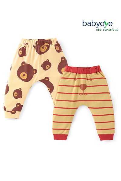 Babyoye Babyoye 100% Cotton Eco Jiva Finish Striped & Bear Printed Full Length Diaper Pant Pack of 2-Brown