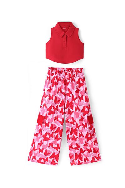 Ollington St. Ollington St. Cotton Lycra Collared Sleeveless Top & Butterfly Printed Cargo Joggers -Red/Pink/White