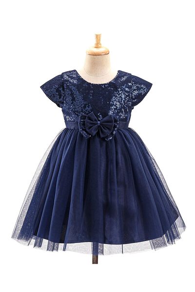 Babyhug Babyhug Cap Sleeves Sequinned Yoke Party Frock with Bow Applique -Navy Blue