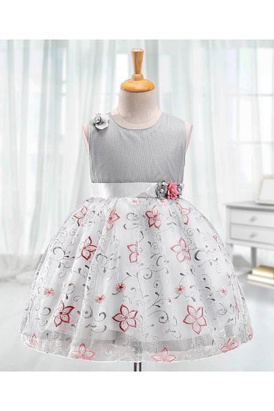 Babyhug Babyhug Sleeveless Party Frock with Floral Embroidery - Grey