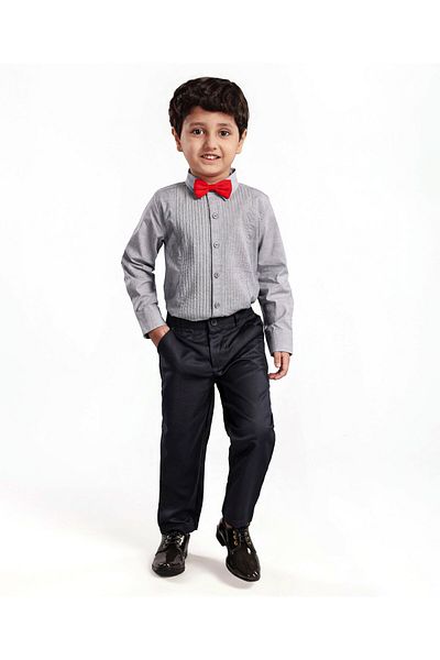 Babyhug Babyhug Striped Shirt & Trouser with Bow - Grey & Navy