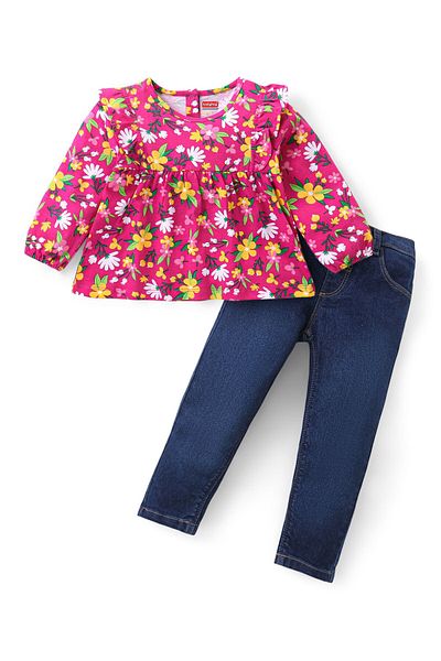 Babyhug Babyhug Frill Detailed Top and Denim Pants Set with Floral Print - Multicolor