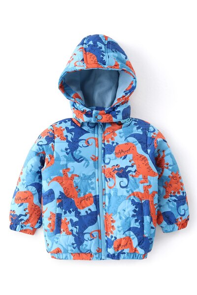 Babyhug Babyhug Woven Full Sleeves Jacket With Detachable Hood Dino Print - Orange & Blue