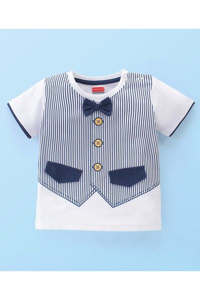 Babyhug Babyhug Cotton Knit Half Sleeves Striped T-Shirt with Attached Bow & Denim Shorts Set - White & Blue