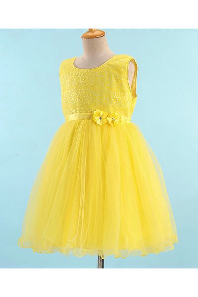 Babyhug Babyhug Sleeveless Sequinned & Embroidered Party Frock with Floral Applique -  Yellow