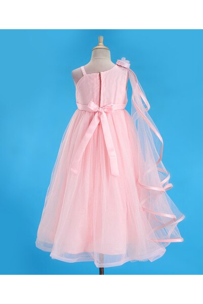 Babyhug Babyhug Sleeveless One Side Ruffle  Mesh Party Frock - Peach