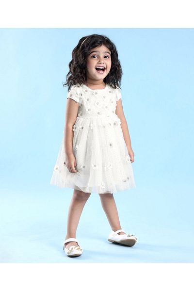 Babyhug Babyhug Cap Sleeves Floral 3 D Applique Party Frock - White