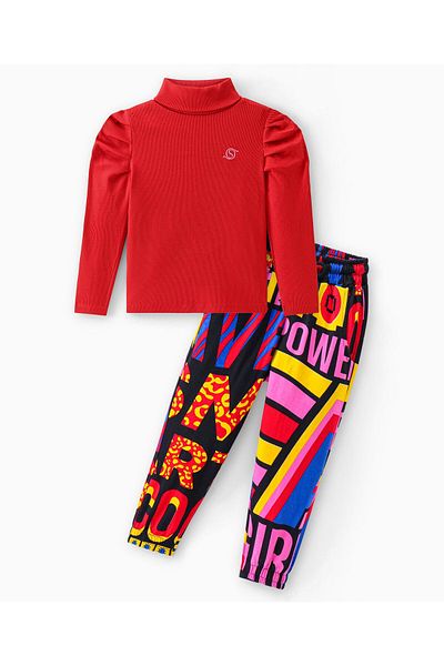 Ollington St. Ollington St.Cotton Rib Full Sleeves Turtle Neck Top & Text Printed Joggers Set  - Multicolor