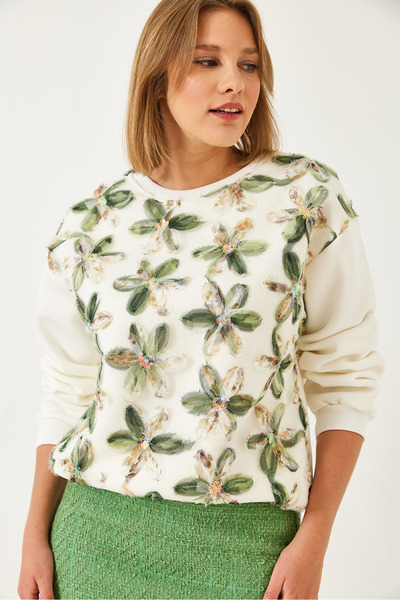 Bianco Lucci Γυναικείο φούτερ με λουλούδια από τούλι με λεπτομέρεια με τρεις κλωστές 60351377