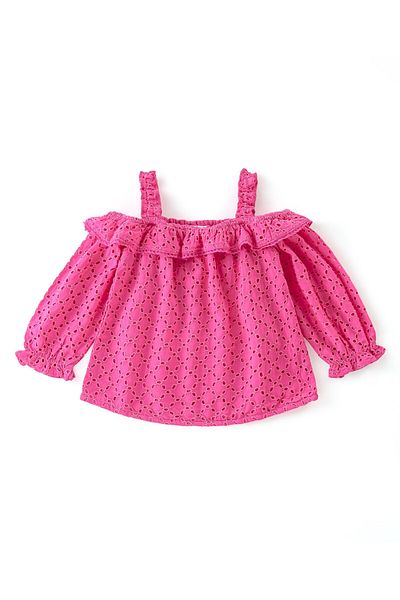 Babyhug Babyhug 100% Cotton Schiffli Threefourth Sleeve Off-Shoulder Top Frill & Pom-Pom Lace Detailing-Pink