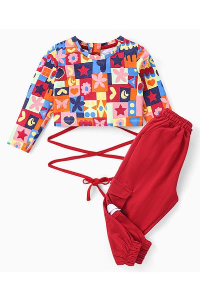 Ollington St. Ollington St. 100% Cotton Full Sleeve Floral ed Tie Down String Top & Cargo Joggers Set-Multicolor