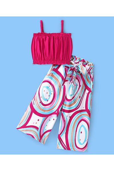 Ollington St. Ollington St. 100% Cotton Knit Sleeveless Solid Crop Top & Printed Culottes Set - Pink & White