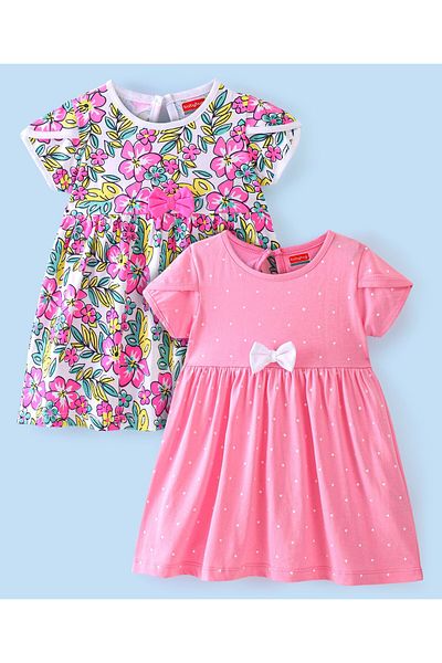 Babyhug Babyhug Knit Half Sleeves Frocks with Floral Print & Bow Applique Pack of 2 - Pink