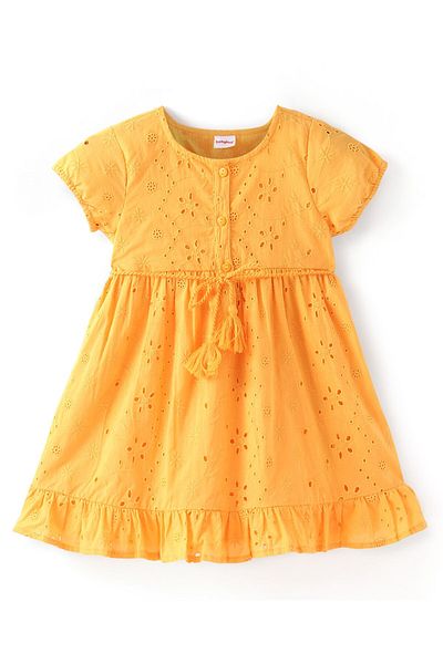 Babyhug Babyhug Cotton Woven Half Sleeves Frock with Schiffli Detailing - Yellow