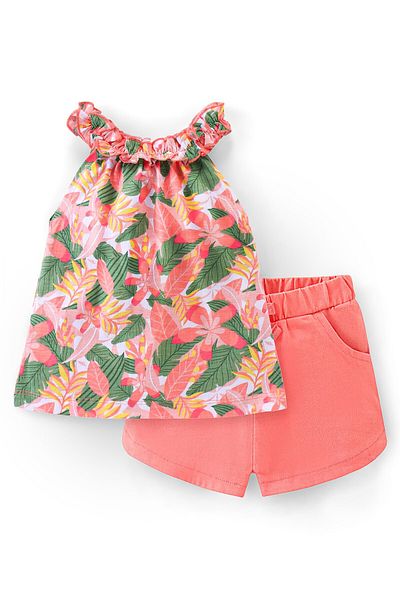 Babyhug Babyhug 100% Cotton Knit Sleeveless Top and Shorts Floral Print - Green & Coral
