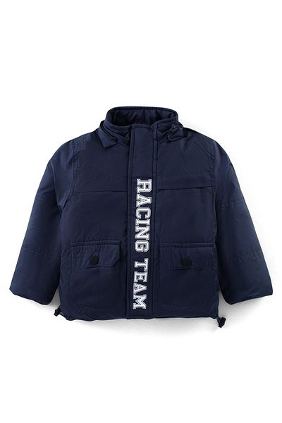 Babyhug Babyhug Woven Full Sleeves Solid Jacket with Detachable Hood & Text Print - Navy Blue