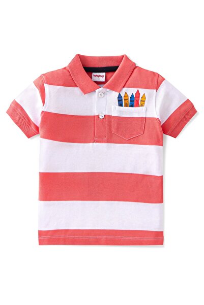 Babyhug Babyhug Cotton Lycra Knit Half Sleeves Striped Polo Tee & Shorts Set - Coral & Blue